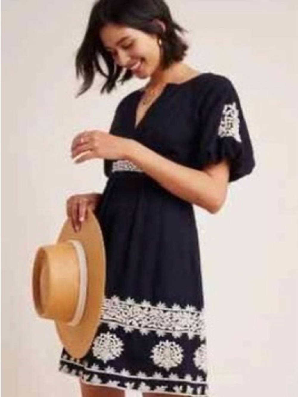 Anthropologie Black Mini Embroidered Puff Sleeve Mini Dress | 0 Petite Boho